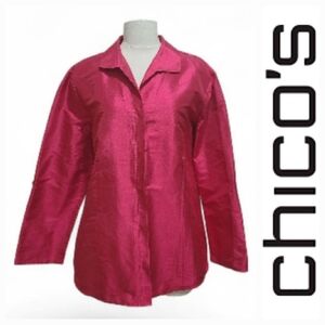 Chicos Shantung Silk Button Up Long Tab Sleeve Topper in Summer Berry Sz 3 XL/16